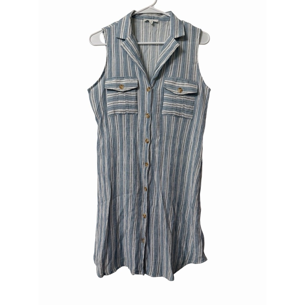 Mine Sleeveless Striped Button Front Dress Chest Pockets Medium Beach Coastal